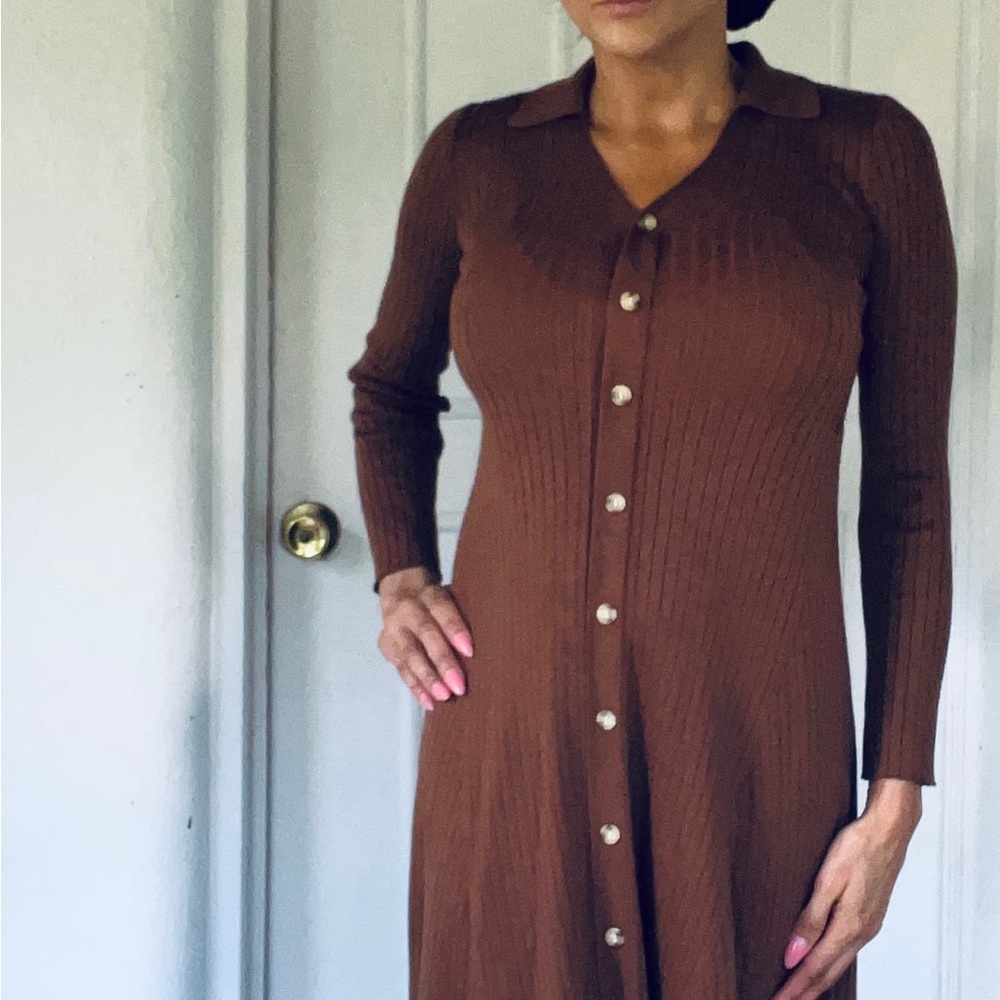 Brown Long Sleeve Buttoned Down Shirt Dress